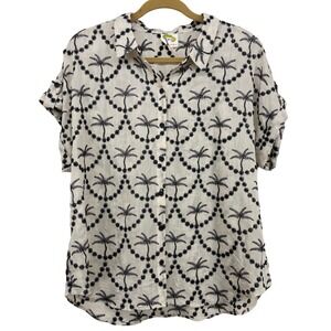 Fig and Flower Women Size XL Shirt Cream Black Palm Tree Embroidered Button Down